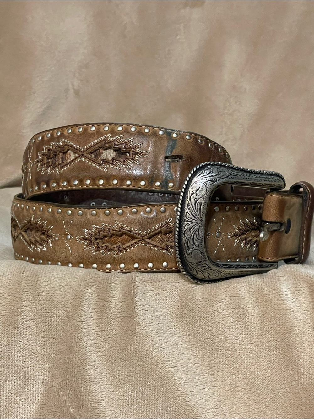 Roper Embroidered Leather Belt with Hair-on-hide diamond inlays Silver Buckle